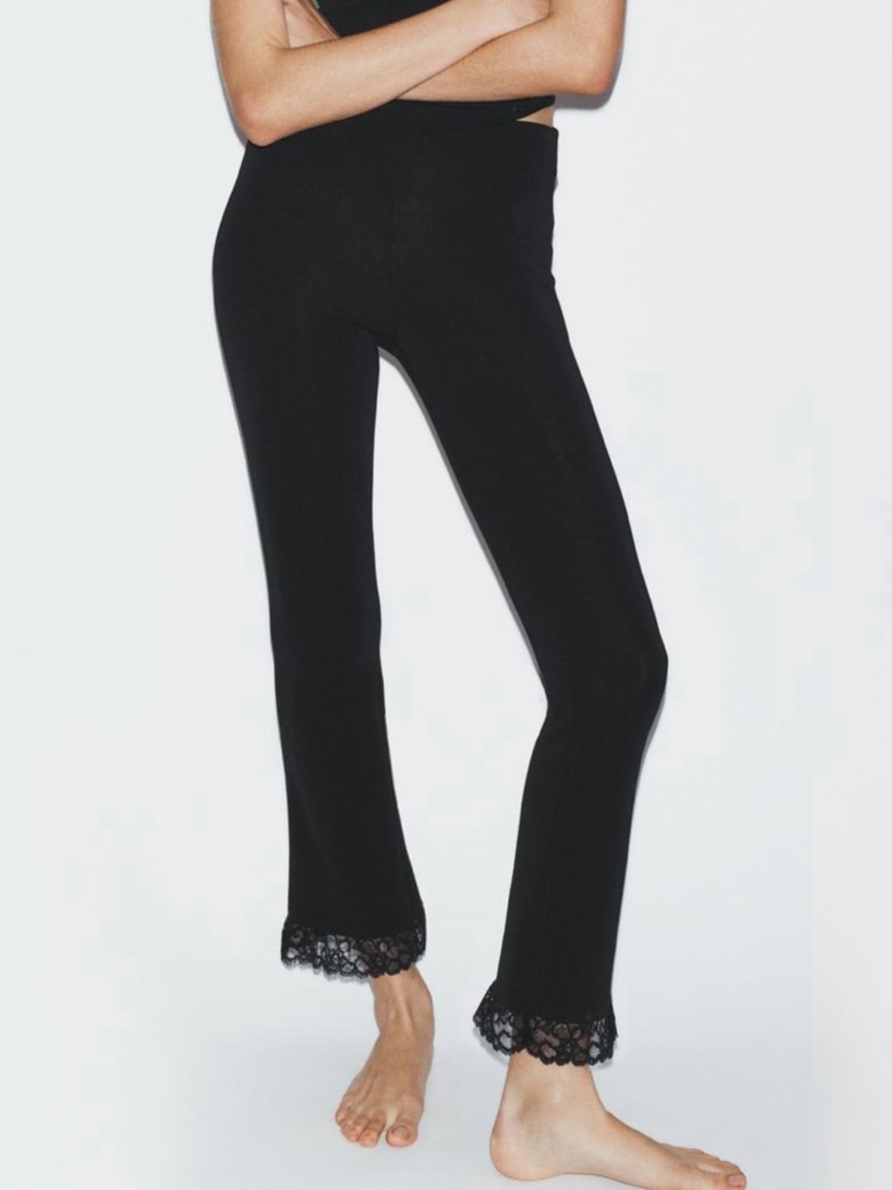 Zara NWT Black Lace Hem stretch mini flare Pants